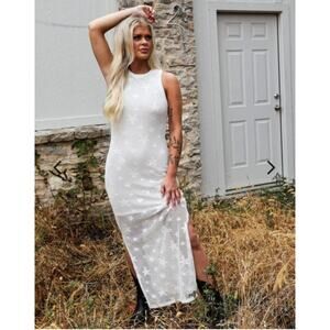 #92 MSRP $64 NWT LE LIS WHITE STAR MESH MIDI BODYCON DRESS ♡ SIZE SMALL ♡
